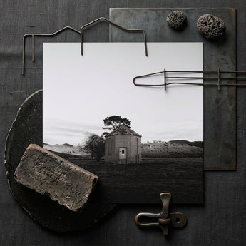 Lonely Brick House Art Print / Canvas Black-and-white Photograph Stone Roundhouse Single Door Tree Framed with Muted Silver, Blank Sky