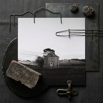 Lonely Brick House Art Print / Canvas Black-and-white Photograph Stone Roundhouse Single Door Tree Framed with Muted Silver, Blank Sky