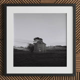 Lonely Brick House Art Print / Canvas Framed Black White Photograph Octagonal Tree Roof Field with Muted Silver, Blank Sky Cloud Cover,