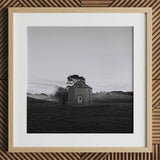 Lonely Brick House Art Print / Canvas Framed Black White Photograph Round Tree Roof with Muted Silver, Blank Sky Cloud Cover, Light Seeps