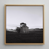 Lonely Brick House Art Print / Canvas Minimalist Wooden-framed Black-and-white Photograph Solitary Stone Open Field with Muted Silver,