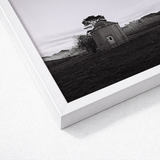 Lonely Brick House Art Print / Canvas White Framed Black Photograph Rustic Stone Open Field with Muted Silver, Blank Sky Cloud Cover, Light