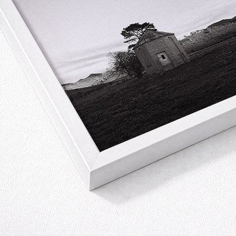 Lonely Brick House Art Print / Canvas White Framed Black Photograph Rustic Stone Open Field with Muted Silver, Blank Sky Cloud Cover, Light
