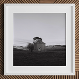 Lonely Brick House Art Print / Canvas White Matted Picture Frame with Muted Silver, Blank Sky Cloud Cover, Light Seeps Through Prints