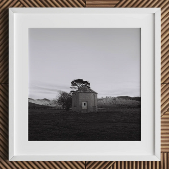 Lonely Brick House Art Print / Canvas White Matted Picture Frame with Muted Silver, Blank Sky Cloud Cover, Light Seeps Through Prints
