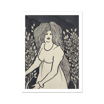 Long-haired Woman in Front of Tall Rosebushes - Aubrey Beardsley Art Print, 18x24’’ / 46x61cm / Unframed, Art Nouveau Woman Hair