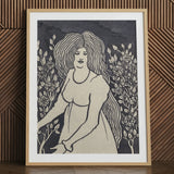 Langharige vrouw voor hoge rozenstruiken - Aubrey Beardsley kunstprint / Canvas, 24x32’’ / 61x81cm / Natuurlijke lijst / Matboard, Posters