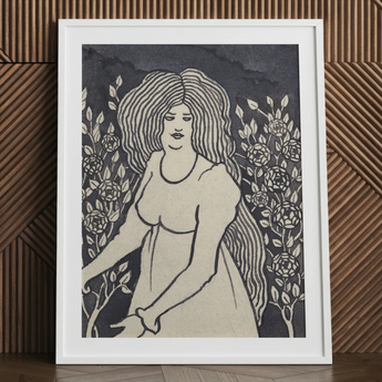 Langharige vrouw voor hoge rozenstruiken - Aubrey Beardsley kunstprint / Canvas, 24x32’’ / 61x81cm / Witte lijst / Matboard, Posters