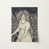 Long-haired Woman in Front of Tall Rosebushes - Aubrey Beardsley Art Print / Canvas, 12x16’’ / 31x41cm / Unframed / no Border, Posters
