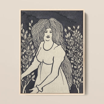 Long-haired Woman in Front of Tall Rosebushes - Aubrey Beardsley Art Print / Canvas, 12x16’’ / 31x41cm / Natural Frame, Posters Prints &