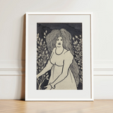 Long-haired Woman in Front of Tall Rosebushes - Aubrey Beardsley Art Print / Canvas, 12x16’’ / 31x41cm / White Frame / Matboard, Posters