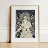 Long-haired Woman in Front of Tall Rosebushes - Aubrey Beardsley Art Print / Canvas Framed Black-and-white Illustration Long Wavy Hair