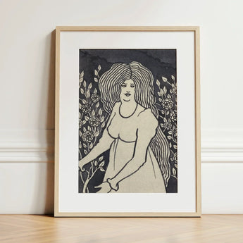 Long-haired Woman in Front of Tall Rosebushes - Aubrey Beardsley Art Print / Canvas Framed Black-and-white Illustration Long Wavy Hair