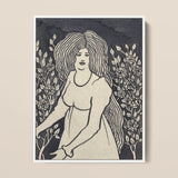Long-haired Woman in Front of Tall Rosebushes - Aubrey Beardsley Art Print / Canvas Black Cream Linocut Long Wavy Hair, Silence Scored,