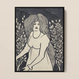 Long-haired Woman in Front of Tall Rosebushes - Aubrey Beardsley Art Print / Canvas Black-framed Artwork Stylized Illustration Long Wavy