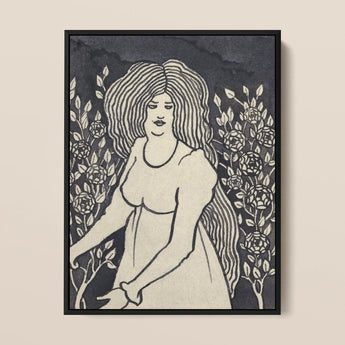 Long-haired Woman in Front of Tall Rosebushes - Aubrey Beardsley Art Print / Canvas Black-framed Artwork Stylized Illustration Long Wavy