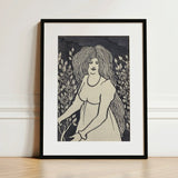 Long-haired Woman in Front of Tall Rosebushes - Aubrey Beardsley Art Print / Canvas Black-framed Stylized Illustration Long Wavy, Silence