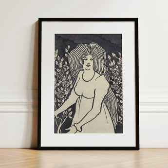 Long-haired Woman in Front of Tall Rosebushes - Aubrey Beardsley Art Print / Canvas Black-framed Stylized Illustration Long Wavy, Silence