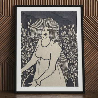 Long-haired Woman in Front of Tall Rosebushes - Aubrey Beardsley Art Print / Canvas Black-framed Stylized Illustration Long Wavy, Silence