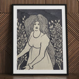 Long-haired Woman in Front of Tall Rosebushes - Aubrey Beardsley Art Print / Canvas Black-framed Stylized Illustration Long Wavy, Silence