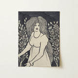 Long-haired Woman in Front of Tall Rosebushes - Aubrey Beardsley Art Print / Canvas Black White Linocut Long Wavy Hair, Silence Scored,