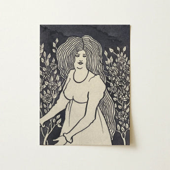 Long-haired Woman in Front of Tall Rosebushes - Aubrey Beardsley Art Print / Canvas Black White Linocut Long Wavy Hair, Silence Scored,