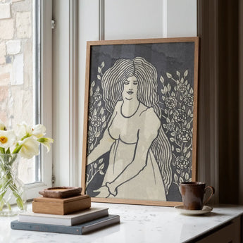 Long-haired Woman in Front of Tall Rosebushes - Aubrey Beardsley Art Print / Canvas Framed Artwork Stylized Illustration Woman Long Hair