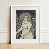Long-haired Woman in Front of Tall Rosebushes - Aubrey Beardsley Art Print / Canvas Framed Black White Illustration Long Hair Surrounded,
