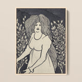 Long-haired Woman in Front of Tall Rosebushes - Aubrey Beardsley Art Print / Canvas Framed Black-and-white Linocut Hair Floral Motifs,