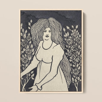 Long-haired Woman in Front of Tall Rosebushes - Aubrey Beardsley Art Print / Canvas Framed Black-and-white Linocut Hair Floral Motifs,