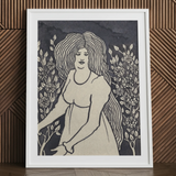 Long-haired Woman in Front of Tall Rosebushes - Aubrey Beardsley Art Print / Canvas Framed Black White Linocut Print Woman Hair Surrounded