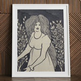 Long-haired Woman in Front of Tall Rosebushes - Aubrey Beardsley Art Print / Canvas Framed Black White Linocut Hair Surrounded, Silence