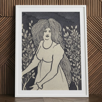 Long-haired Woman in Front of Tall Rosebushes - Aubrey Beardsley Art Print / Canvas Framed Black White Linocut Hair Surrounded, Silence