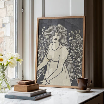 Langharige vrouw voor hoge rozenstruiken - Aubrey Beardsley kunstprint / Canvas, Posters Prints & Visual Artwork, Toby Leon