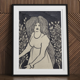 Long-haired Woman in Front of Tall Rosebushes - Aubrey Beardsley Art Print, Framed Art Print Woman Long Hair
