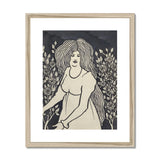 Long-haired Woman in Front of Tall Rosebushes - Aubrey Beardsley Art Print, Framed Art Print Woman Long Hair Surrounded Roses