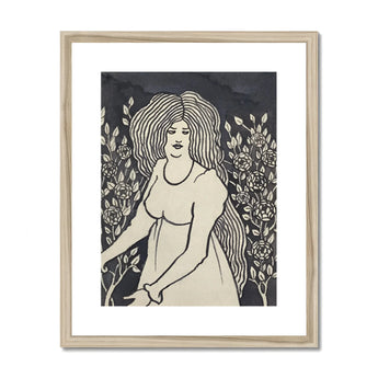 Long-haired Woman in Front of Tall Rosebushes - Aubrey Beardsley Art Print, Framed Art Print Woman Long Hair Surrounded Roses