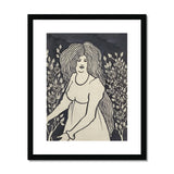 Long-haired Woman in Front of Tall Rosebushes - Aubrey Beardsley Art Print, Framed Art Print Woman Rose Garden
