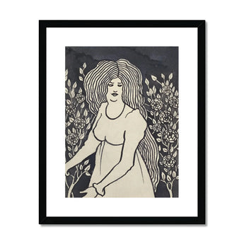 Long-haired Woman in Front of Tall Rosebushes - Aubrey Beardsley Art Print, Framed Art Print Woman Rose Garden
