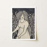 Long-haired Woman in Front of Tall Rosebushes - Aubrey Beardsley Art Print / Canvas Black White Linocut Long Wavy Hair, Silence Scored,