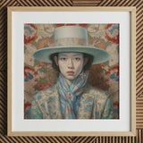 Longwei - Gaysian Femboy Cowboy Art Print / Canvas Blue Wide-brimmed Hat Floral Pattern Scarf Light Wood Dandy Gaysian Cowboy, Elegant