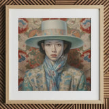 Longwei - Gaysian Femboy Cowboy Art Print / Canvas Blue Wide-brimmed Hat Floral Pattern Scarf Light Wood Dandy, Elegant Outlaw’s, Prints