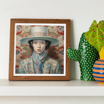 Longwei - Gaysian Femboy Cowboy Art Print / Canvas Framed Portrait Painting Gray Hat Blue Scarf Floral Dandy, Elegant Outlaw’s, Prints