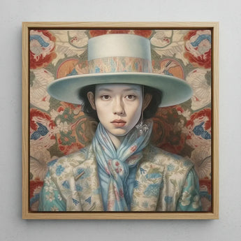 Longwei - Gaysian Femboy Cowboy Art Print / Canvas Framed Portrait Painting Woman Light Blue Wide-brimmed Hat Dandy, Elegant Outlaw’s,