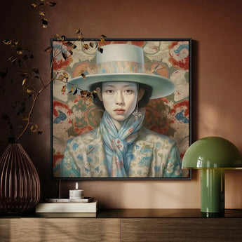 Longwei - Gaysian Femboy Cowboy Art Print / Canvas Framed Portrait Painting Woman Wide-brimmed Light Blue Hat Dandy Gaysian Cowboy, Elegant