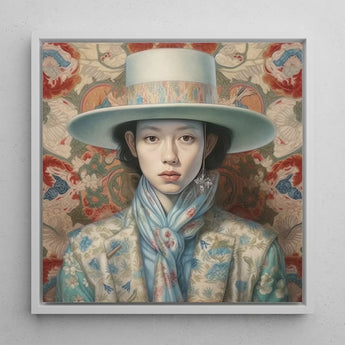 Longwei - Gaysian Femboy Cowboy Art Print / Canvas Framed Portrait Woman Elegant Light Blue Wide-brimmed Hat Dandy, Outlaw’s, Prints