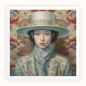 Longwei - Gaysian Femboy Cowboy Art Print / Canvas Light Blue Wide-brimmed Hat Decorative Band Worn Figure Dandy Gaysian Cowboy, Elegant