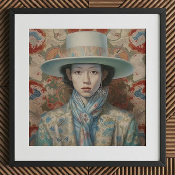 Longwei - Gaysian Femboy Cowboy Art Print / Canvas Mint Green Wide-brimmed Hat Floral Patterned Fabric Dandy, Elegant Outlaw’s, Prints