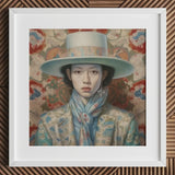 Longwei - Gaysian Femboy Cowboy Art Print / Canvas Mint Green Wide-brimmed Hat Floral Patterned Scarf White Dandy, Elegant Outlaw’s, Prints