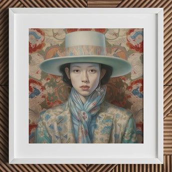 Longwei - Gaysian Femboy Cowboy Art Print / Canvas Mint Green Wide-brimmed Hat Floral Patterned Scarf White Dandy, Elegant Outlaw’s, Prints